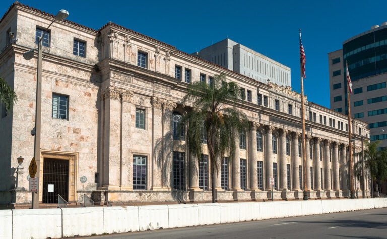 U.S. Post Office and Courthouse (1931-33), 300 Northeast 1st Avenue, Downtown, Miami, FL, USA  Mediterranean Revival design by http://en.wikipedia.org/wiki/Phineas_Paist Phineas P. Paist  (18731937), supervising architect for Coral Gables Corporation, &  Harold Drake Steward (1897-1989)  Paist designs include http://en.wikipedia.org/wiki/Douglas_Entrance Douglas Entrance and http://en.wikipedia.org/wiki/Venetian_Pool Venetian Pool, was also a http://www.jssgallery.org/other_artists/paist_phineas/Phineas_Paist.html skilled artist, working mainly in watercolors  after widespread destruction from 1926 hurricane, US government approriated over $2MM for new Miami courthouse, 1928  building clad in http://en.wikipedia.org/wiki/Keystone_(limestone) keystone (limestone), quarried at Windley Key, largest such structure in S. FL   now David W. Dyer Federal Building & United States Courthouse  National Register 83003518, 1983  Downtown Miami Historic District, National Register 05001356, 2005